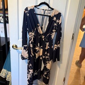 Elle Lauri Navy and Cream Floral Long Sleeve Dress